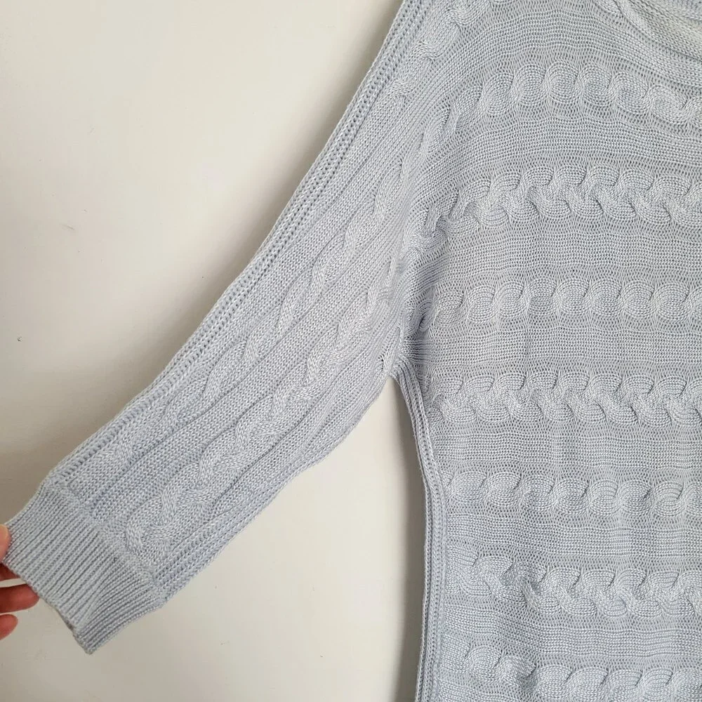 Lauren Ralph Lauren Cable Knit Light Baby Blue 3/4 Sleeve Cotton Sweater Large